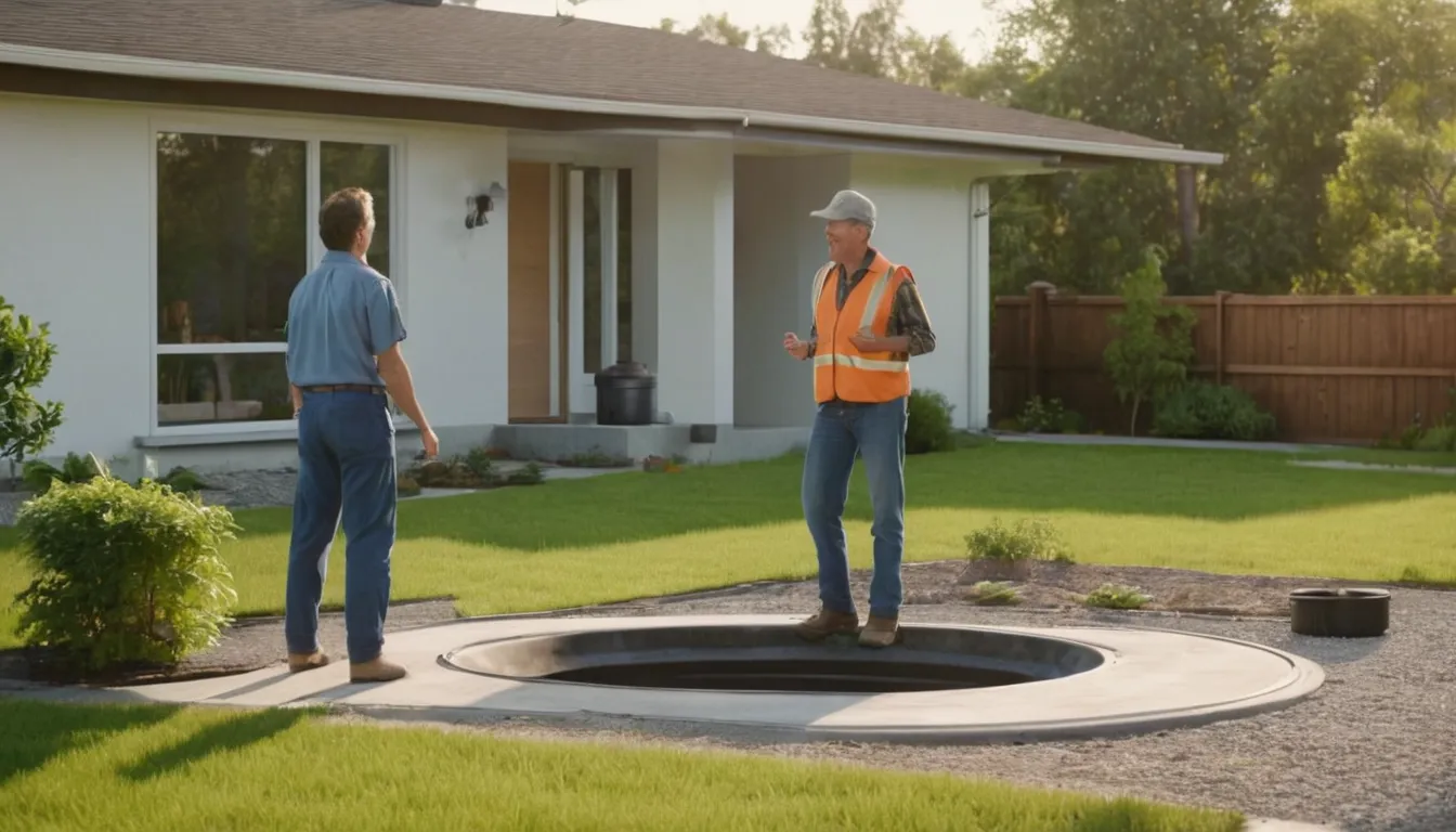 A local septic provider and a homeowner talking beside a tank access lid in a Godfrey yard