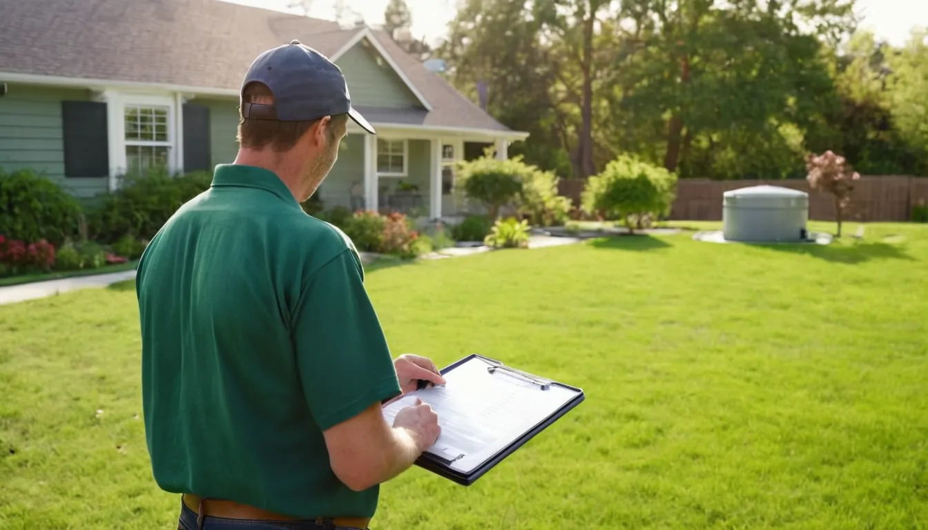 Septic provider and homeowner talking beside an open septic tank lid in a yard in the Godfrey area